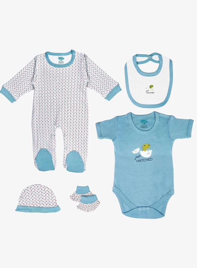 Babies Basic 5-Piece 100% Cotton Bib, Romper, Mittens, Cap and Sleepsuit Set